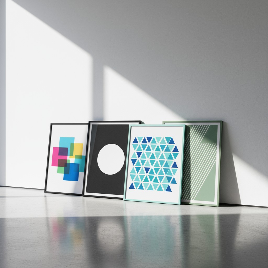 Four framed art prints on the floor leaning against a wall in a studio or gallery with white wall, grey floor, and abundan...